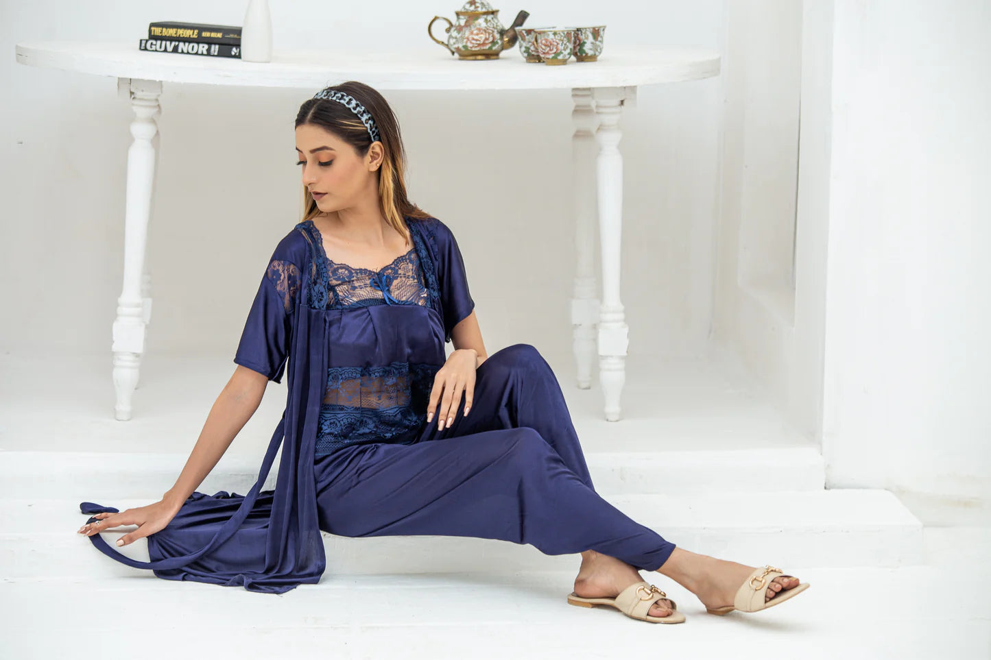 3 Pc Premium Silk Pajama Suit with Gown - T358