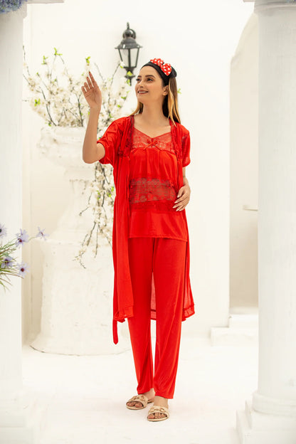 3 Pc Premium Silk Pajama Suit with Gown - T358