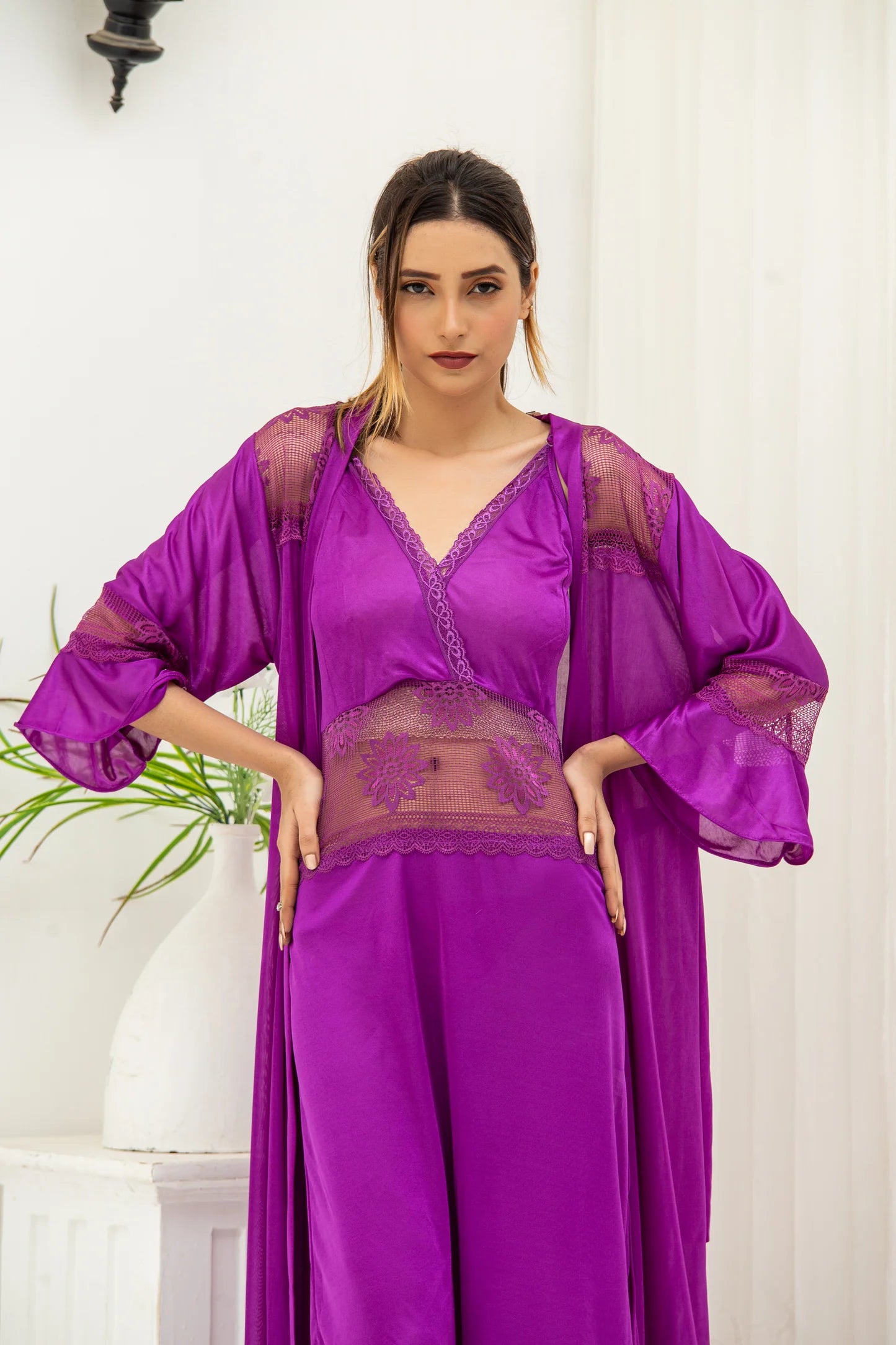 2 Pc Premium Silk Nighty with Gown