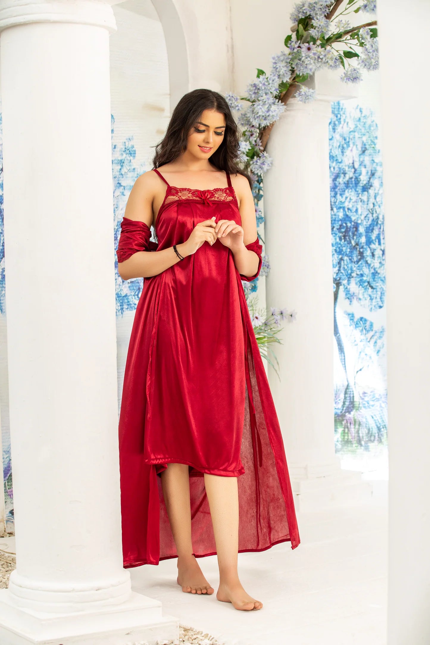 2 Pc Premium Silk Nighty with Gown