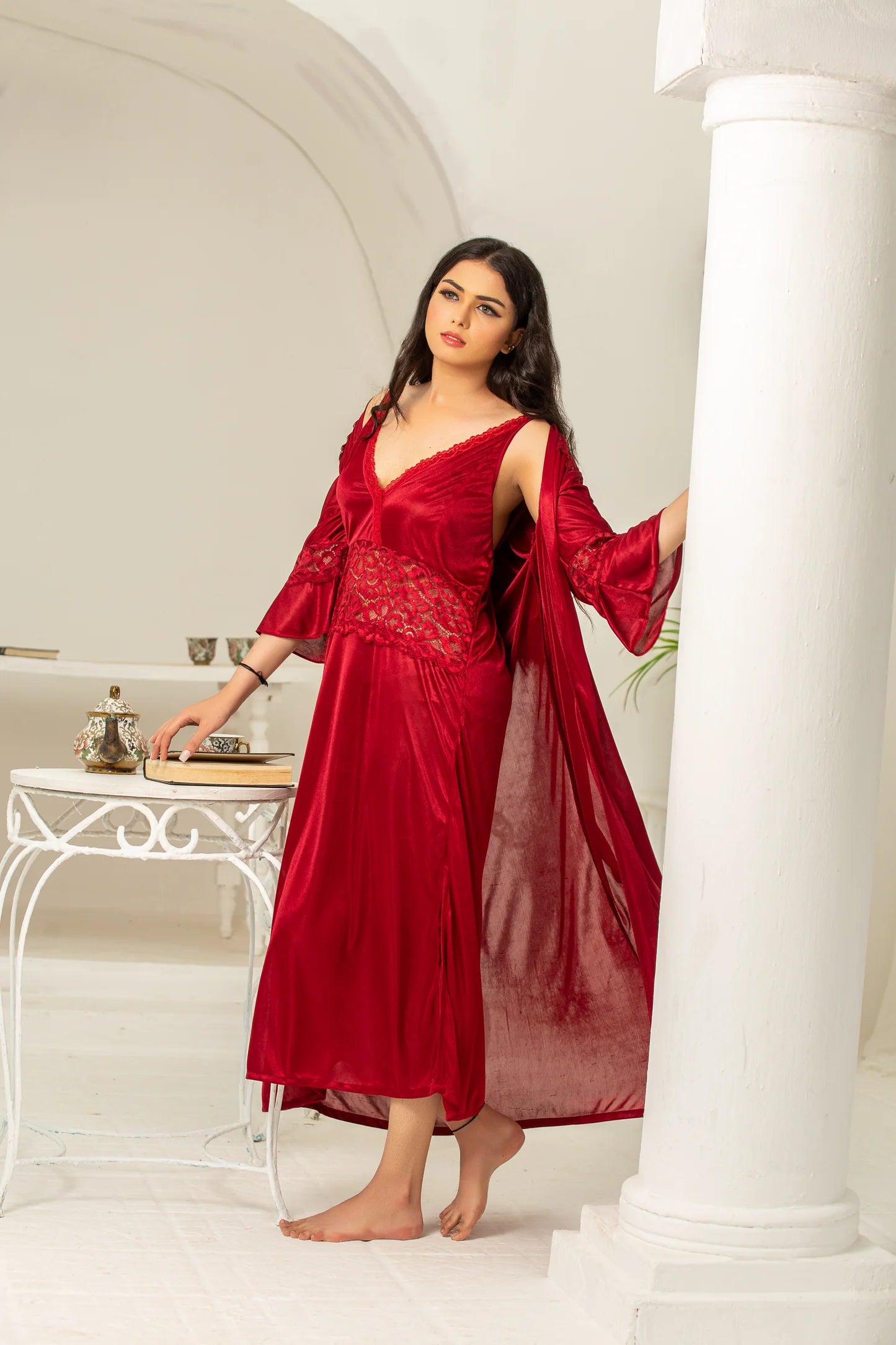 2 Pc Premium Silk Nighty with Gown