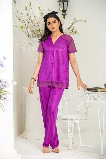 2 Pc Half Sleeves Silk Pajama Suit