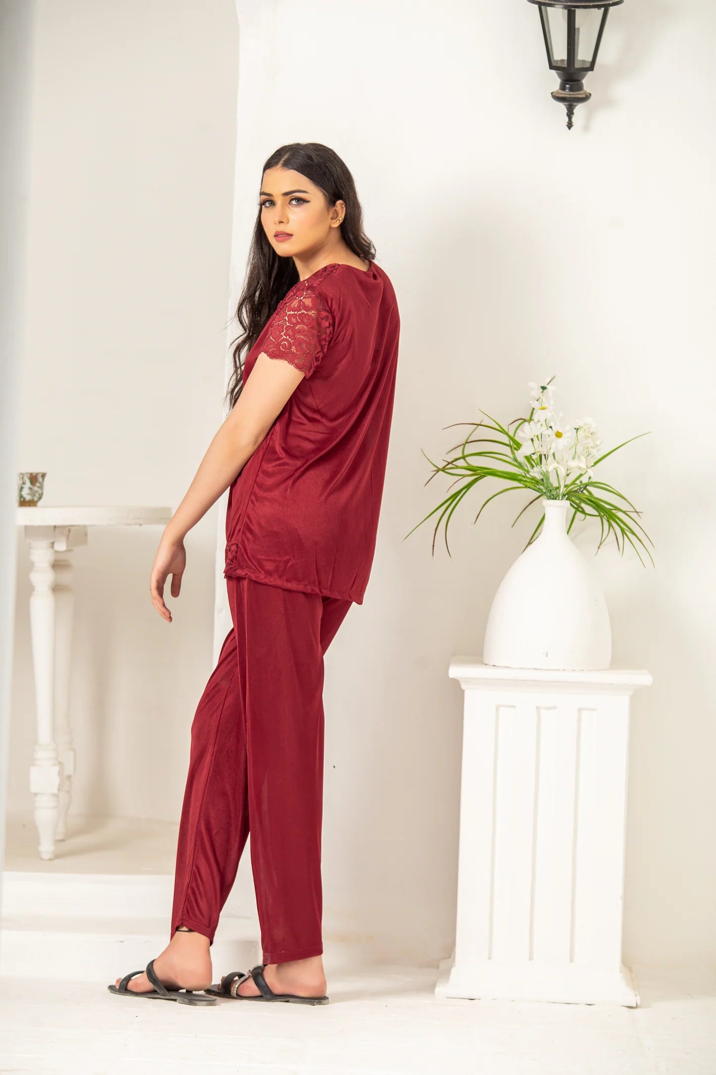 2 Pc Half Sleeves Silk Pajama Suit