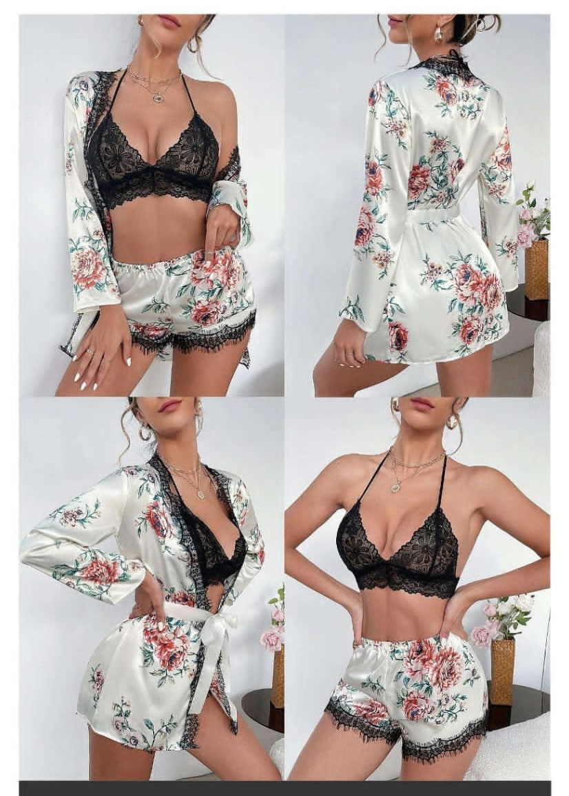 White Floral Silk 3 Pc Short Night